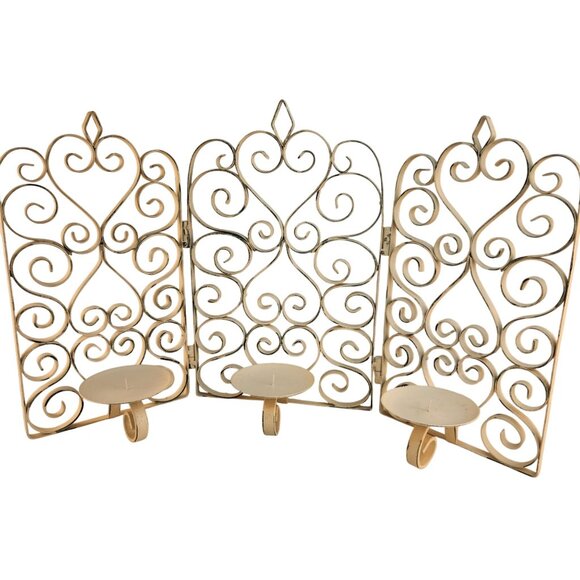 Scrolled Metal 3-Panel Folding Candelabra Screen Cream Distressed Finish - Picture 1 of 13